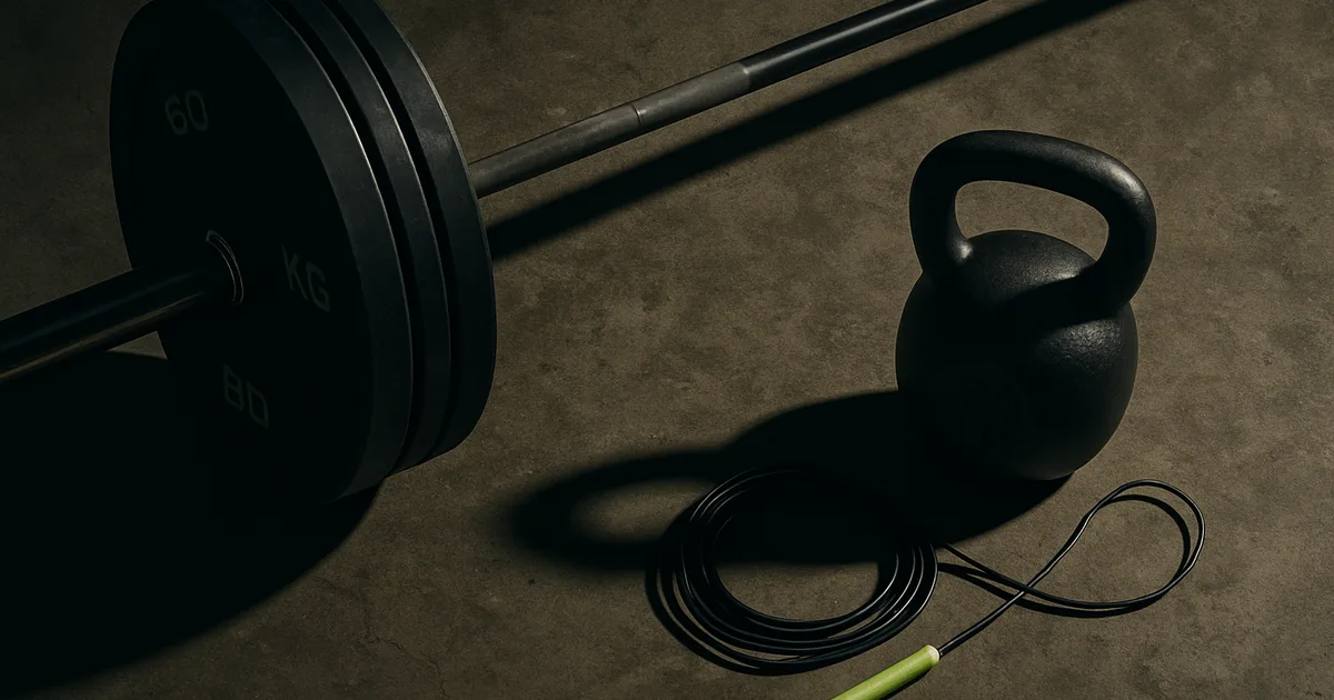 Barre olympique, kettlebell et corde à sauter — équipement d'entraînement crossfit