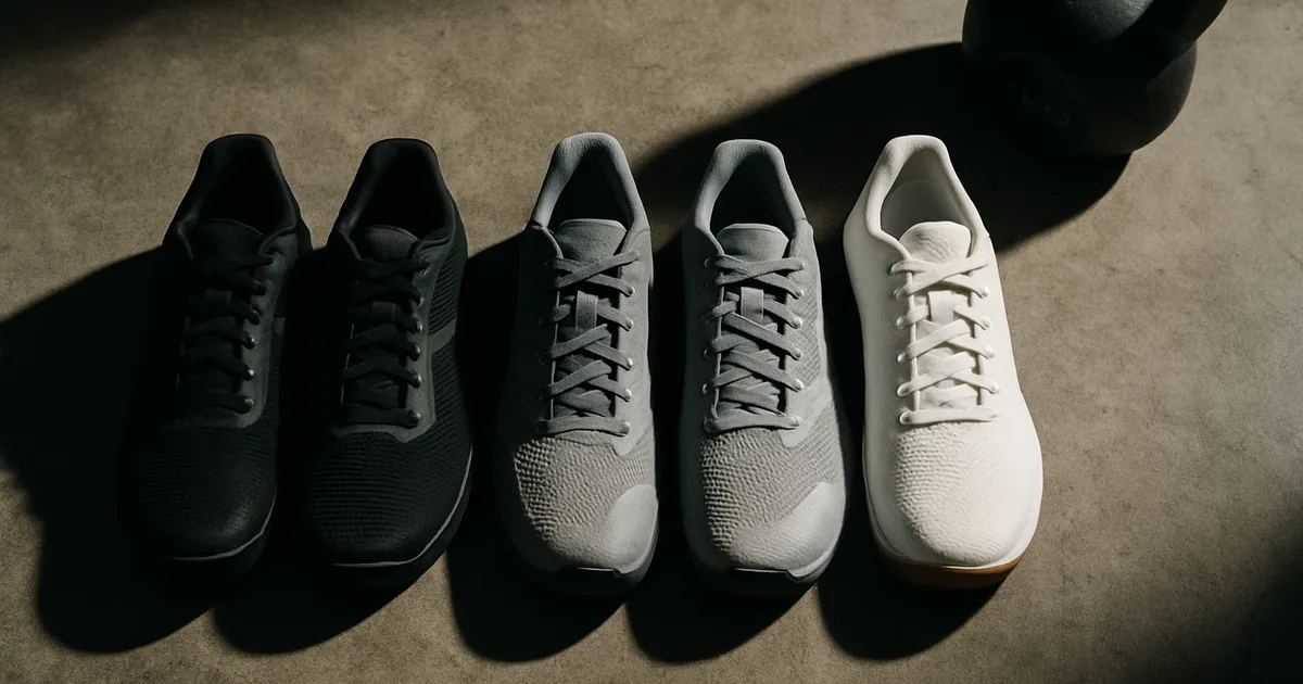Trois paires de chaussures crossfit alignées sur sol béton brut