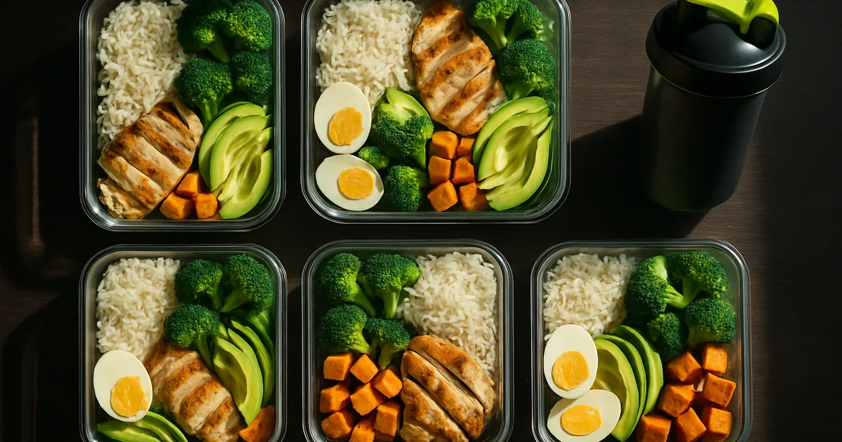 Meal-prep crossfitteur : 5 bols protéines, glucides, légumes alignés