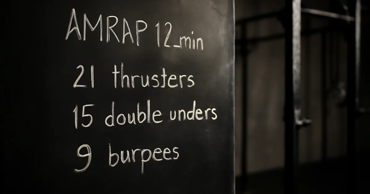 Tableau noir d'une box CrossFit avec WOD écrit à la craie : AMRAP 20 thrusters 95lb