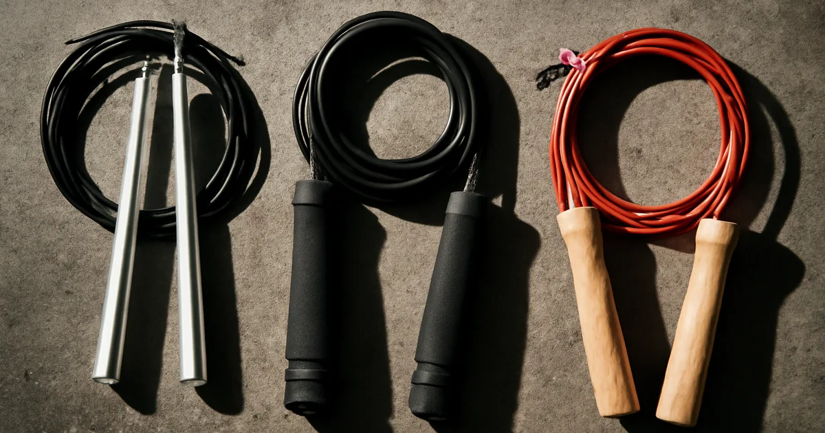 Trois cordes à sauter speed alignées sur fond béton : Picsil Sprint, RxSmartGear Sport, CrossRope Get Lean