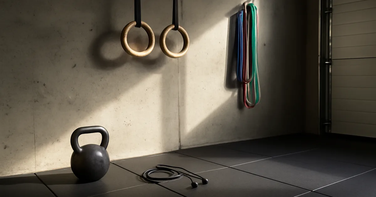 Setup home gym minimaliste avec kettlebell, anneaux, corde à sauter sur tapis
