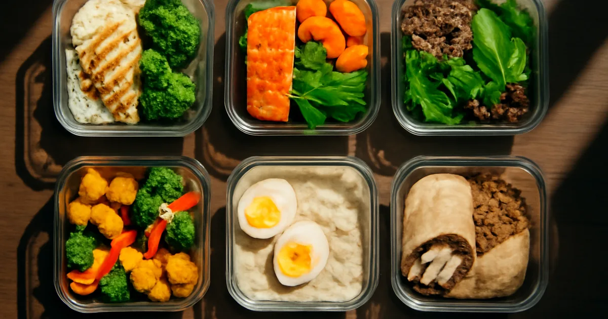 Sept bols meal-prep alignés sur table en bois avec différentes préparations protéinées