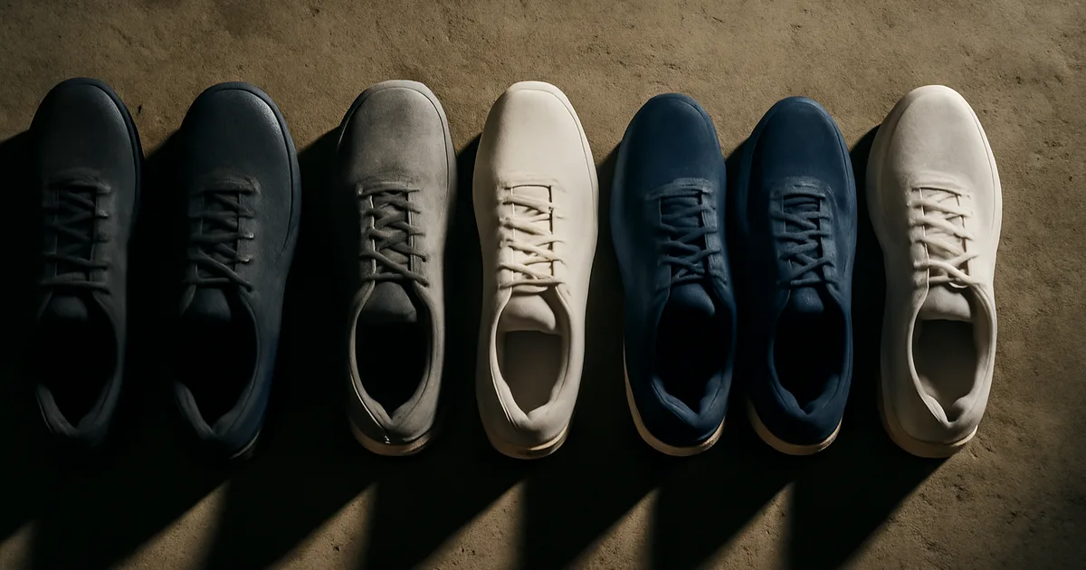 Cinq paires de chaussures de CrossFit alignées sur sol béton brut : Reebok Nano X5, Nike Metcon 10, NOBULL Trainer+, TYR CXT-2, RAD ONE