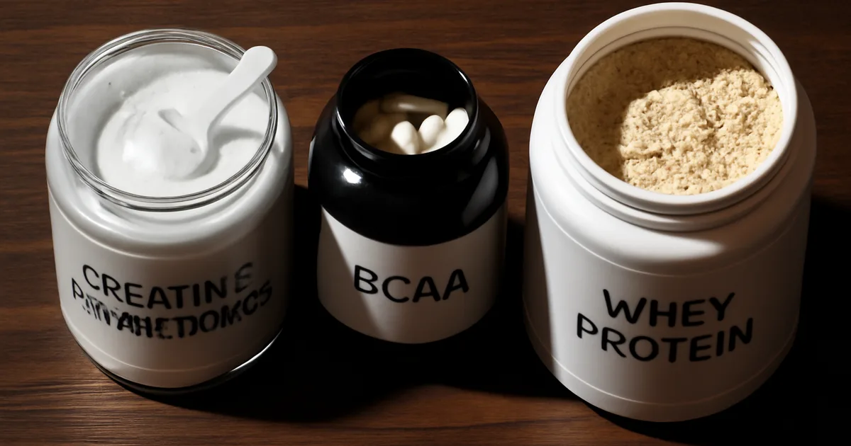 Trois pots de suppléments sportifs : créatine, BCAA, whey alignés sur table