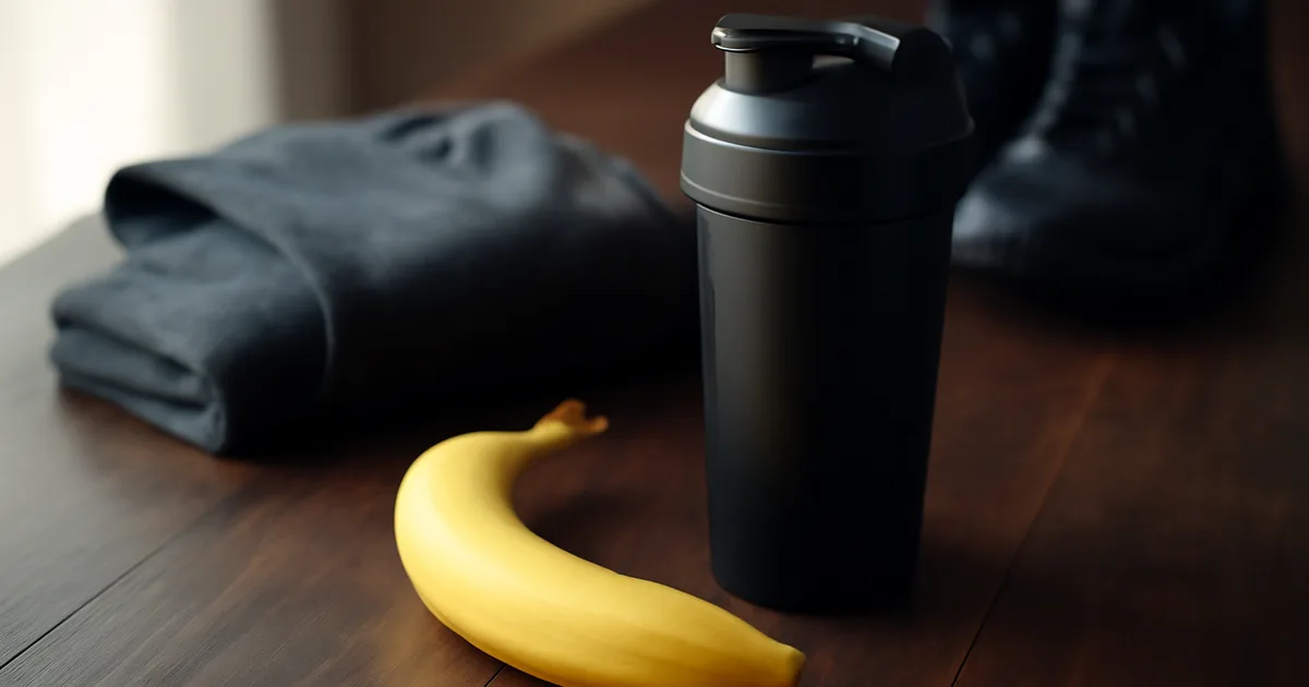 Banane et shaker whey sur une table en bois, ambiance pré-entraînement
