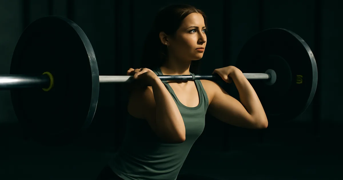 Athlète débutante en train d'exécuter un thruster avec barre légère, salle de CrossFit en arrière-plan